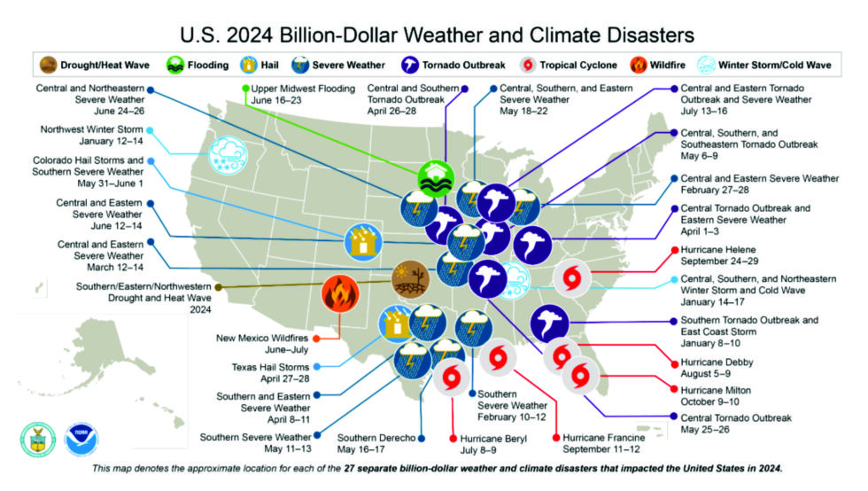 Map of the U.S. showing locations and types of major billion-dollar weather and climate disasters in 2024, with icons indicating floods, storms, wildfires, and other events.