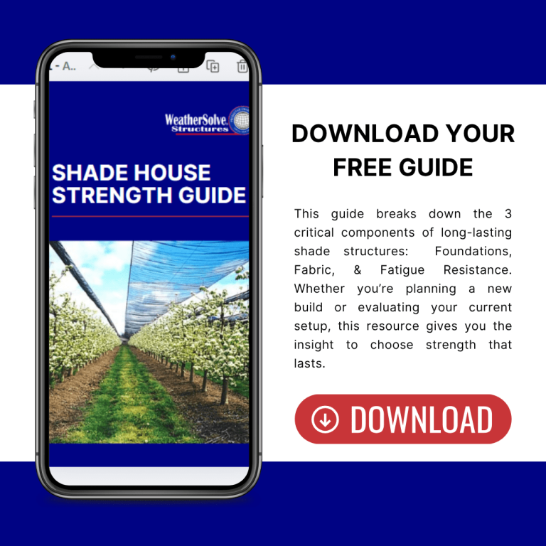 A phone displays the "Shade House Strength Guide" cover; beside it, a text offers a free downloadable guide on shade house structures and a red "Download" button.