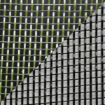 A diagonal split image of green woven fiber on the top left and black and white woven fiber on the bottom right.