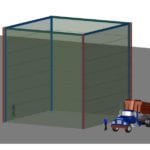 Illustration of a large, semi-transparent cubical structure with two figures and a truck for scale.