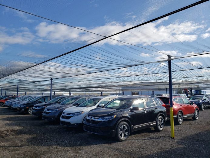 Several cars are parked under a large, netted canopy structure on a gravel lot
