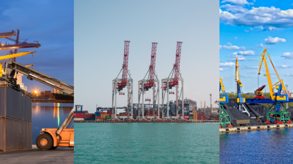 Collage of five images depicting various port activities and infrastructure