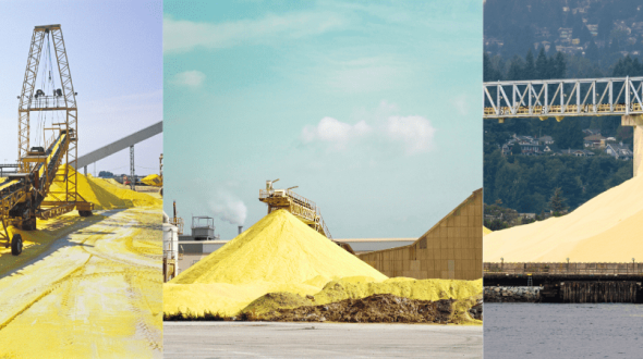 Yellow sulfur piles at industrial sites with conveyors and storage facilities