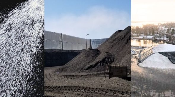 A collage of five images depicting various dust control and environmental management scenarios