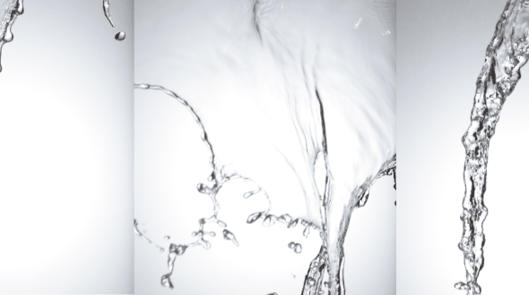 Water splashes and streams against a light gray background in four vertical panels