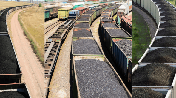 Aerial views of coal trains on tracks, surrounded by greenery and open fields