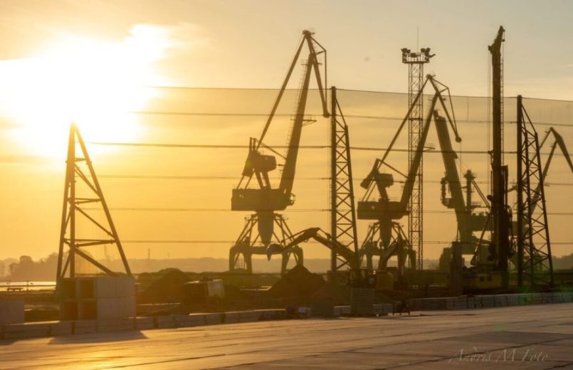 Cranes silhouetted against a sunset with a mesh fence in the foreground