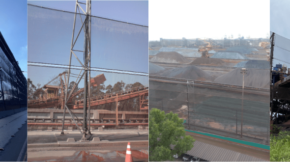 A series of images depict industrial wind fences along a roadway and near stockpiles
